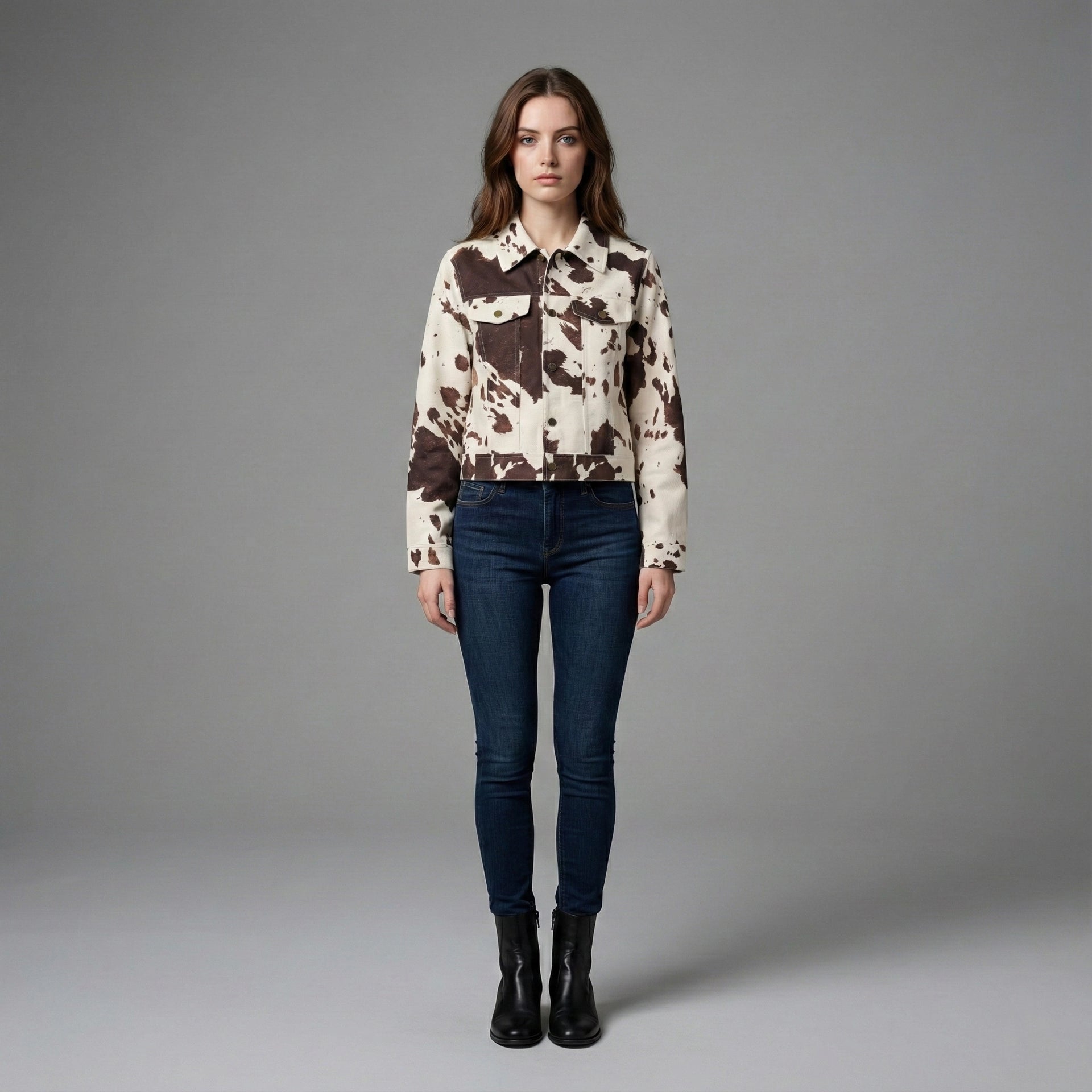 Woman wearing a patterned shirt and jeans on a gray background