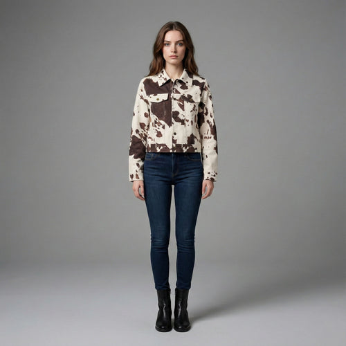 Woman wearing a patterned shirt and jeans on a gray background