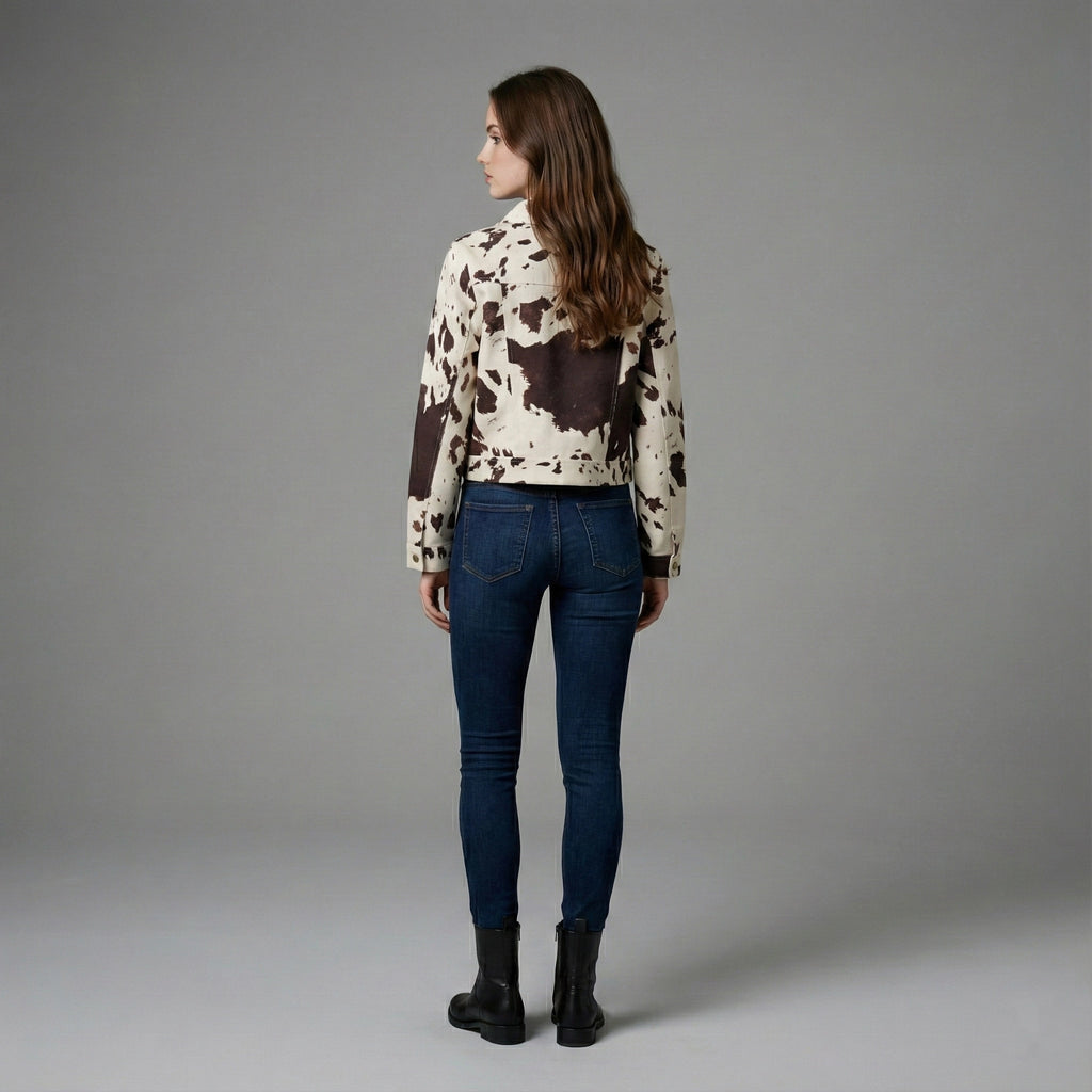 Woman wearing a cow print jacket and blue jeans on a gray background