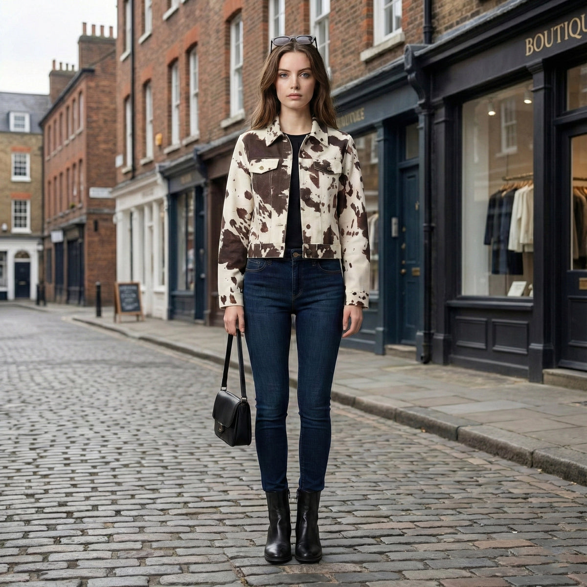 Woman in a patterned jacket and jeans standing on a cobbled street with shops in the background