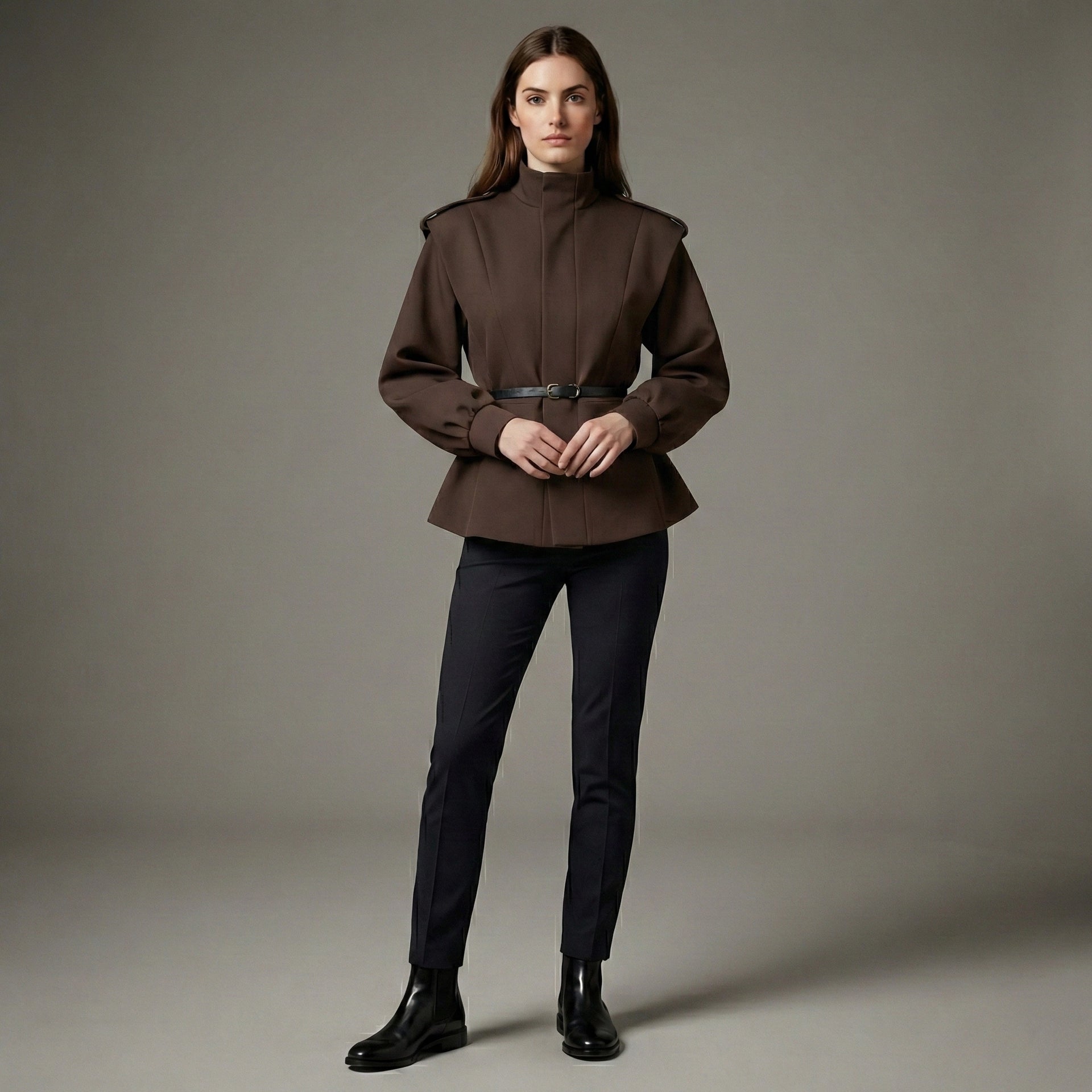 Woman wearing a brown coat and black pants on a gray background