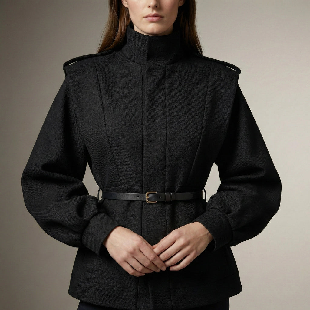 Person wearing a black coat with a belt on a neutral background