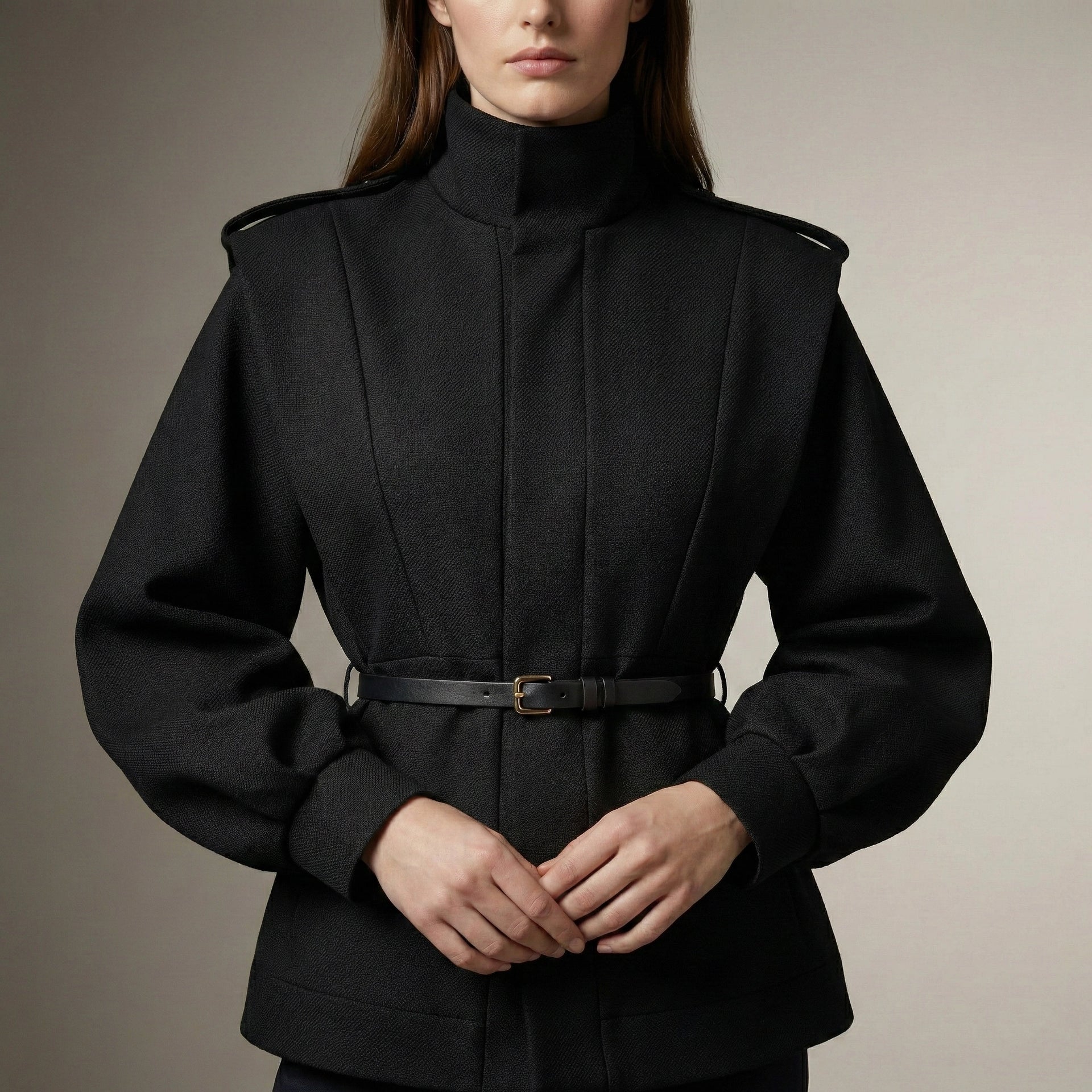 Person wearing a black coat with a belt on a neutral background