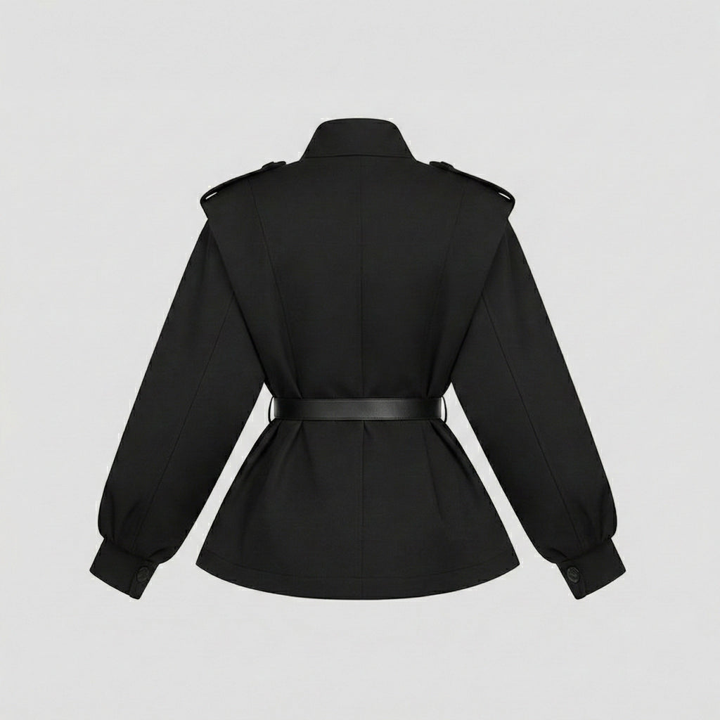 Black jacket with a belt on a light gray background
