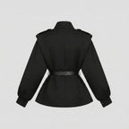 Black jacket with a belt on a light gray background