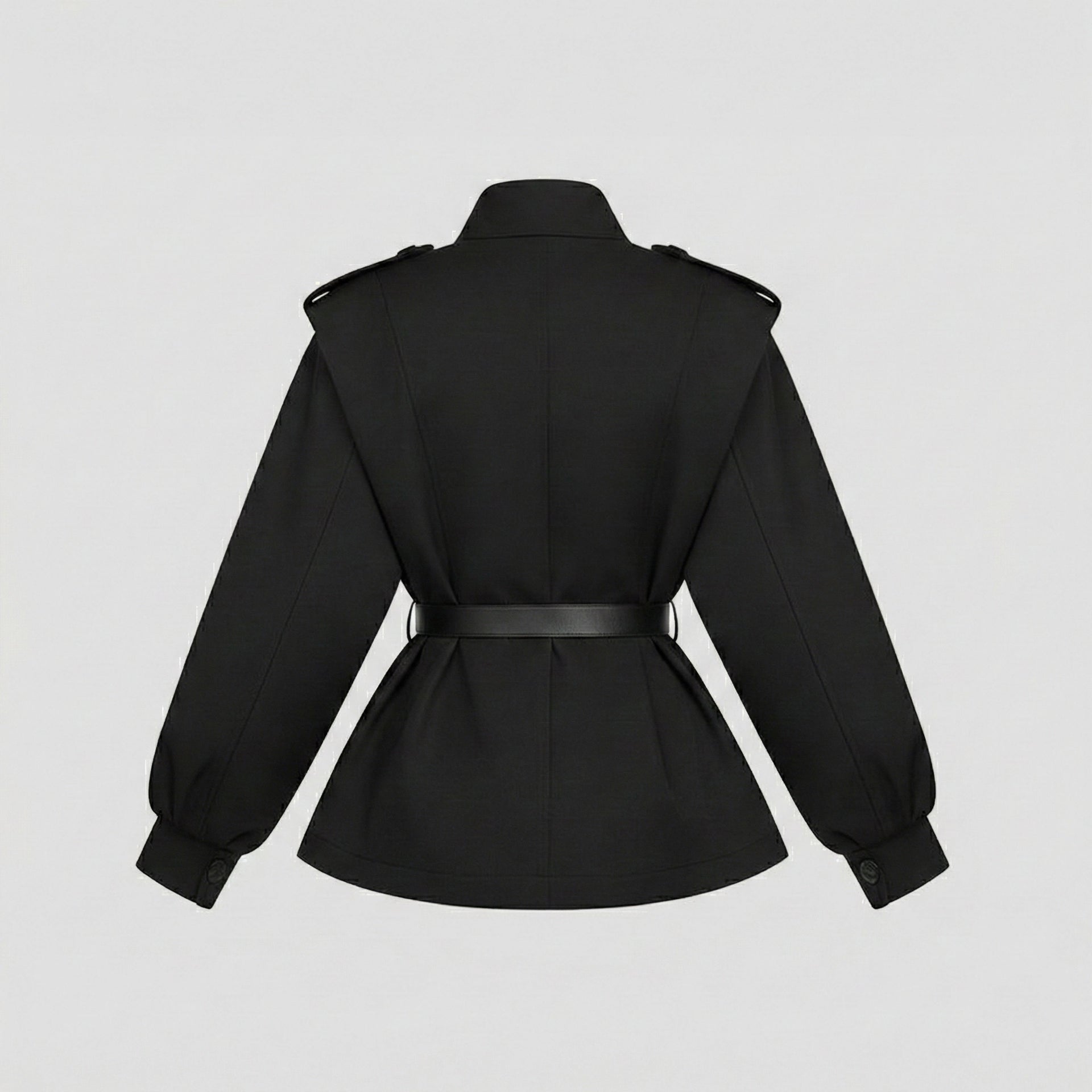 Black jacket with a belt on a light gray background