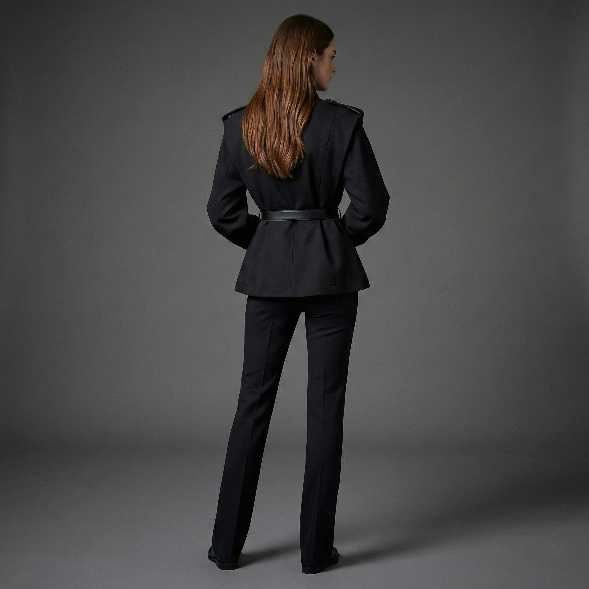 Person wearing a black suit standing against a gray background