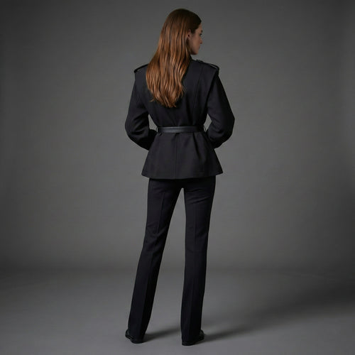 Person wearing a black suit standing against a gray background