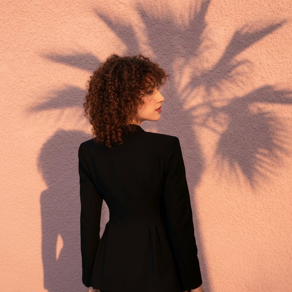 Woman in a black dress standing against a wall with palm leaf shadows