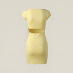 Yellow dress with a belt on a light gray background