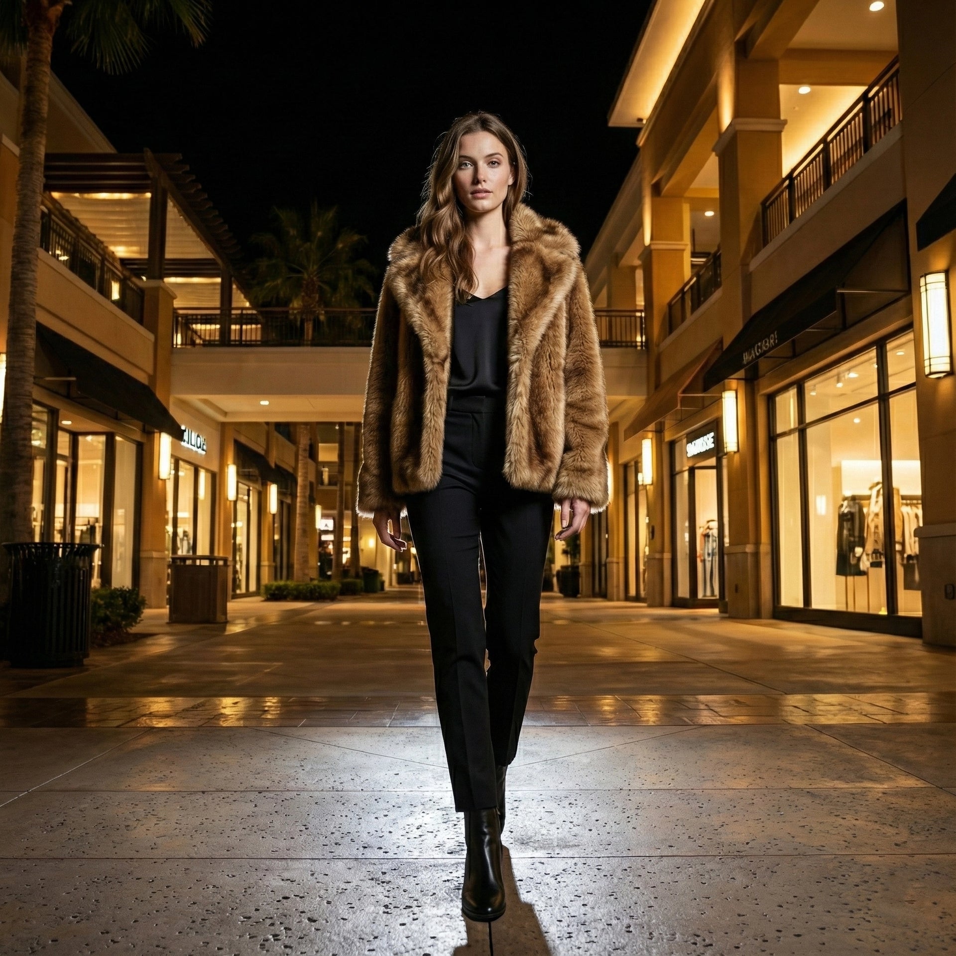 Woman in a fur coat walking through a shopping mall at night.