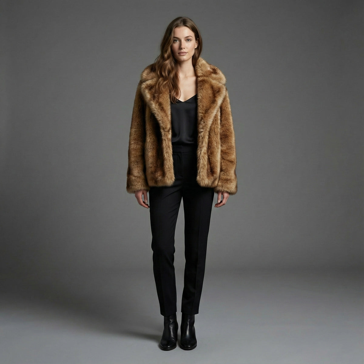 Woman wearing a brown fur coat against a gray background
