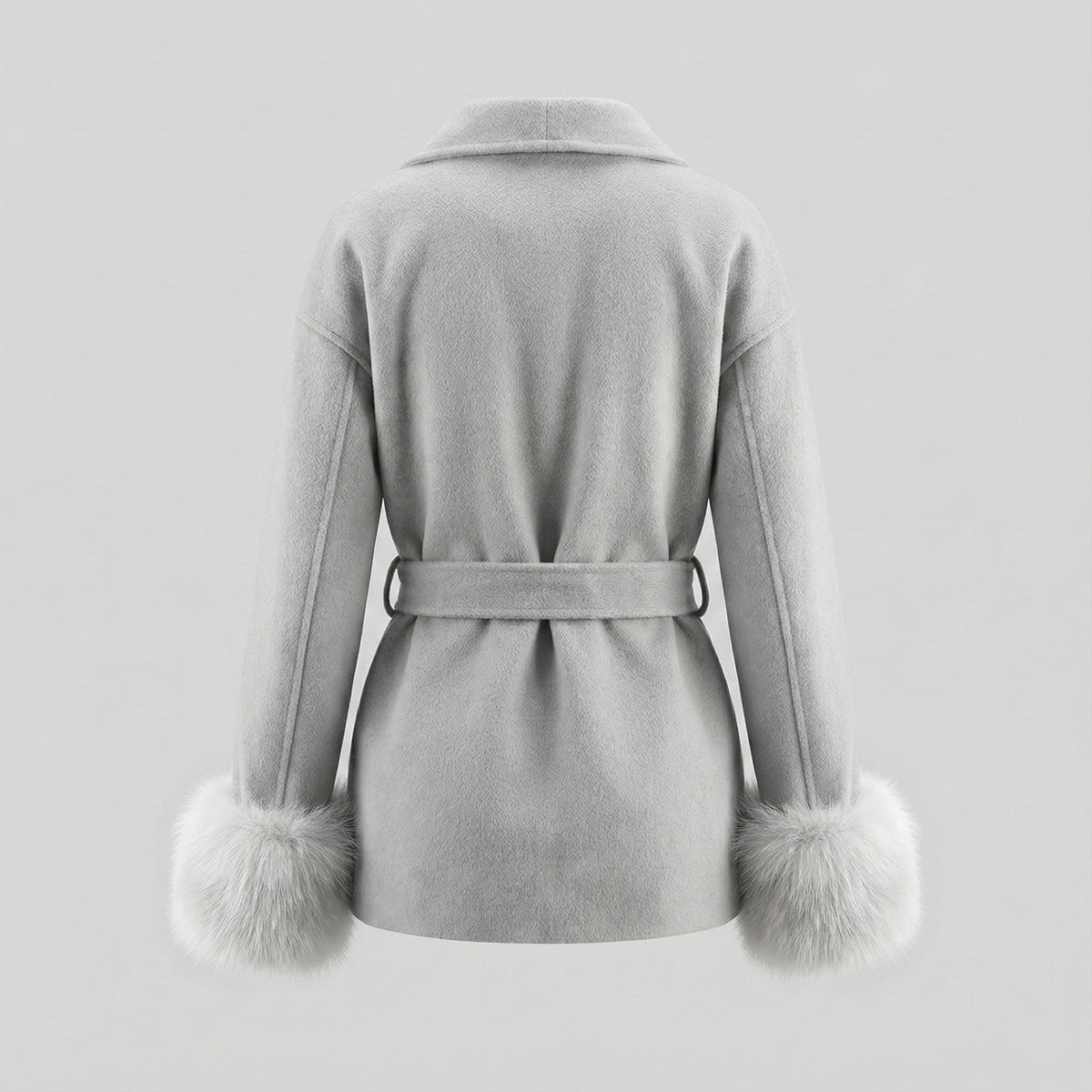 Gray coat with fur cuffs on a light gray background