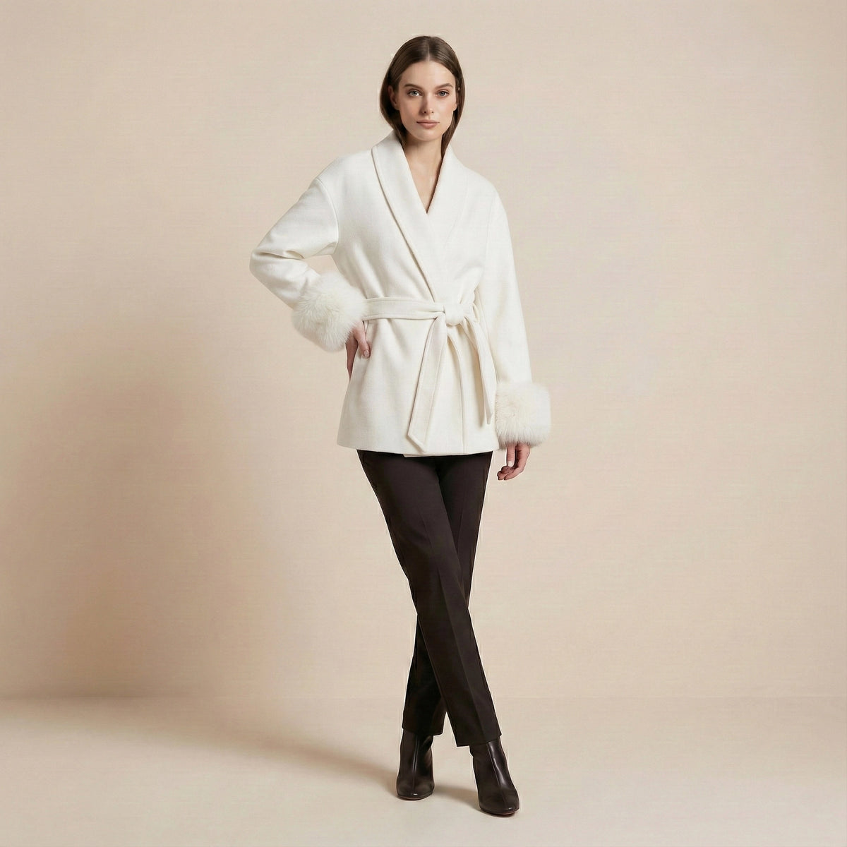 Woman wearing a white robe against a beige background