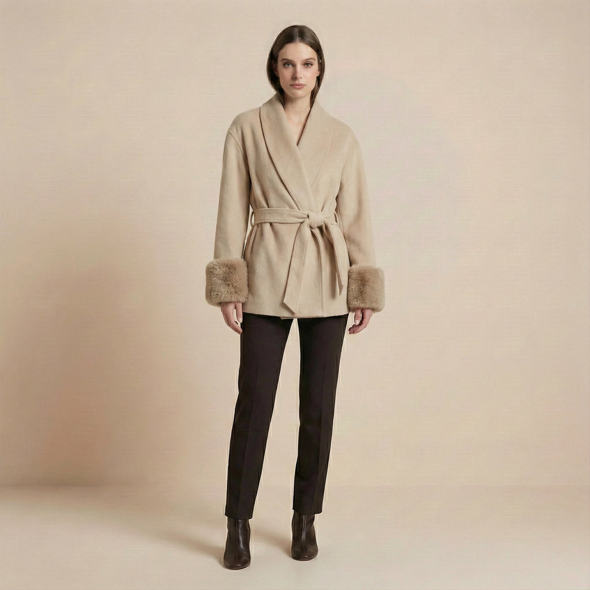 Woman wearing a beige coat with fur trim on a beige background