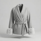 Gray robe with fur cuffs and collar on a light gray background