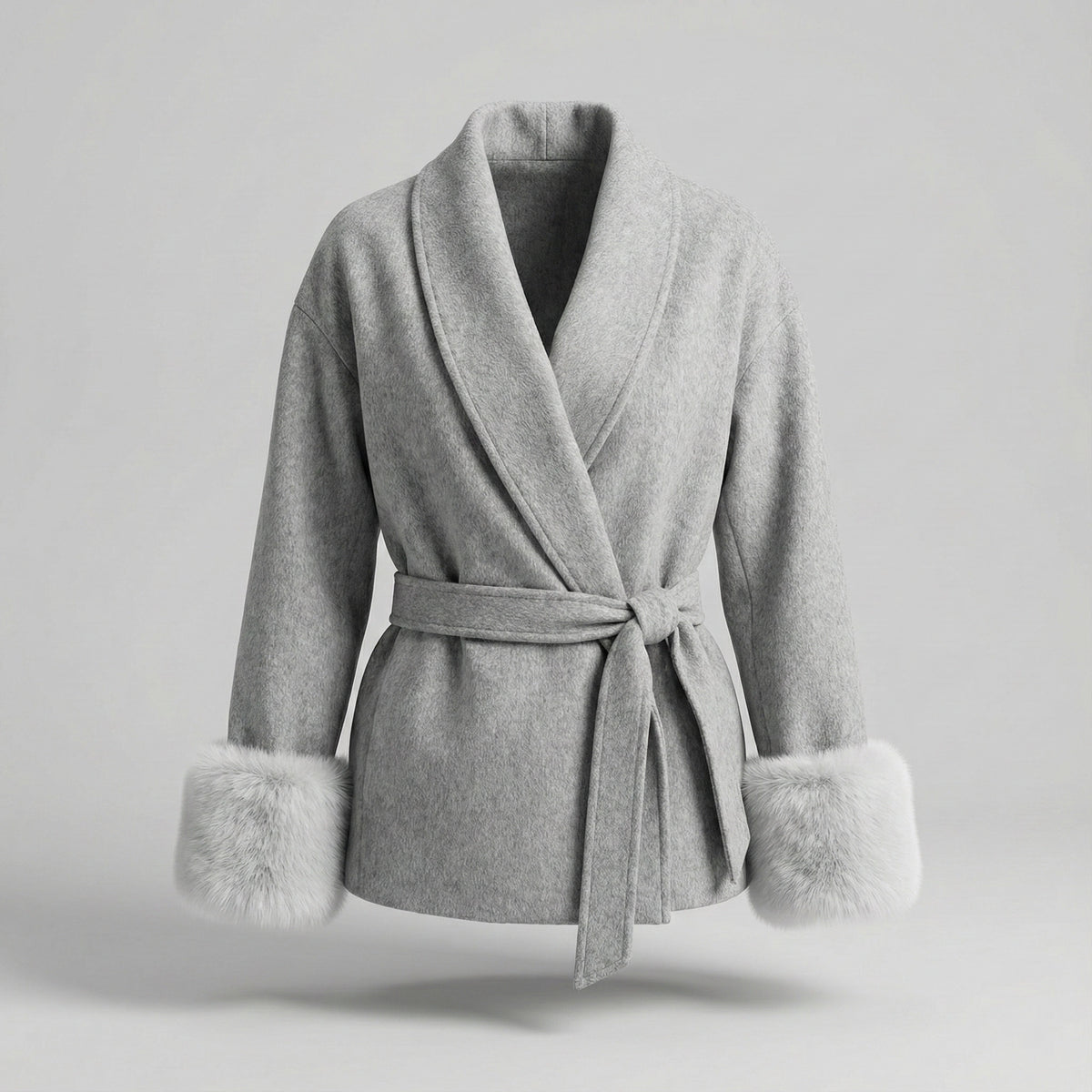 Gray robe with fur cuffs and collar on a light gray background