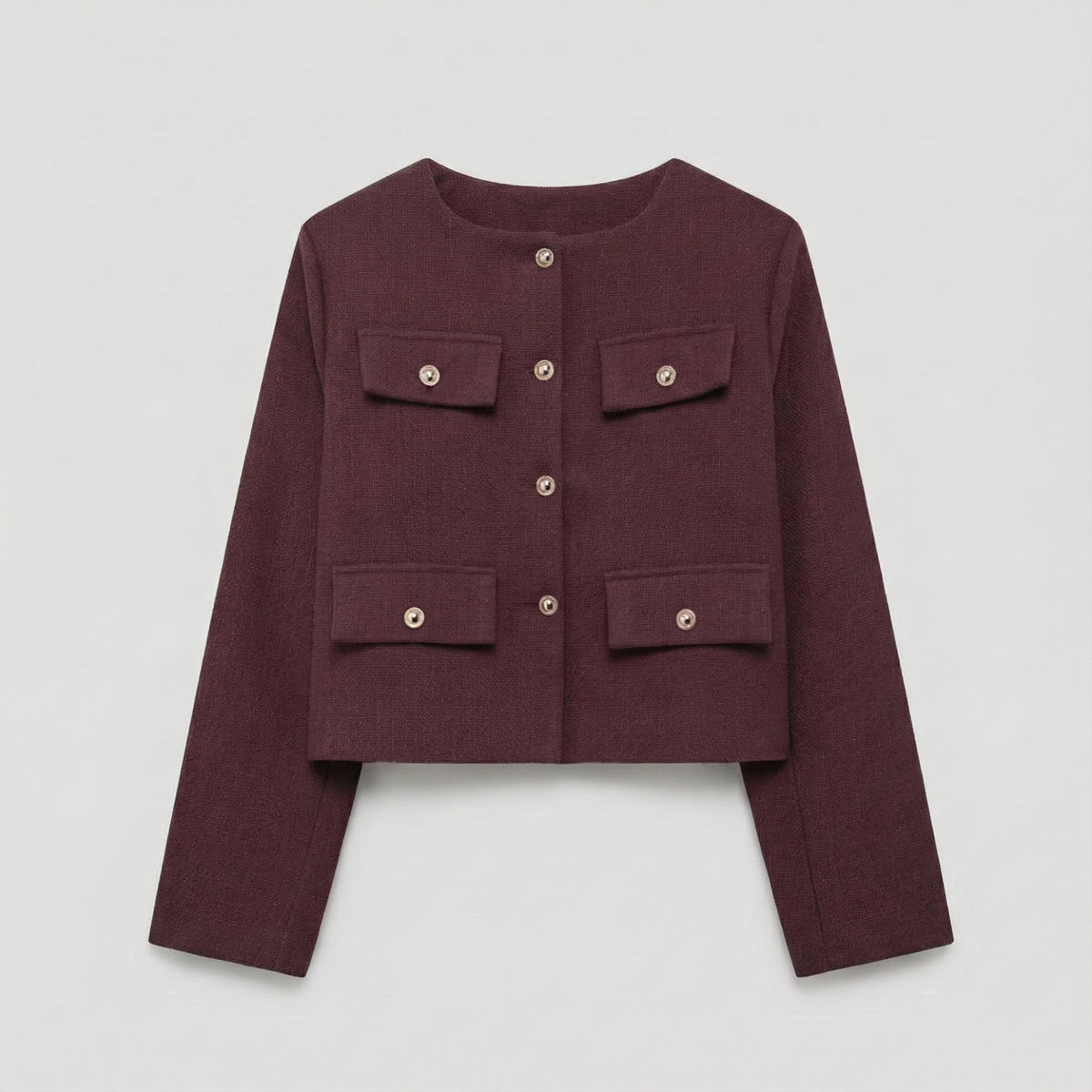 Maroon jacket with button details on a light gray background