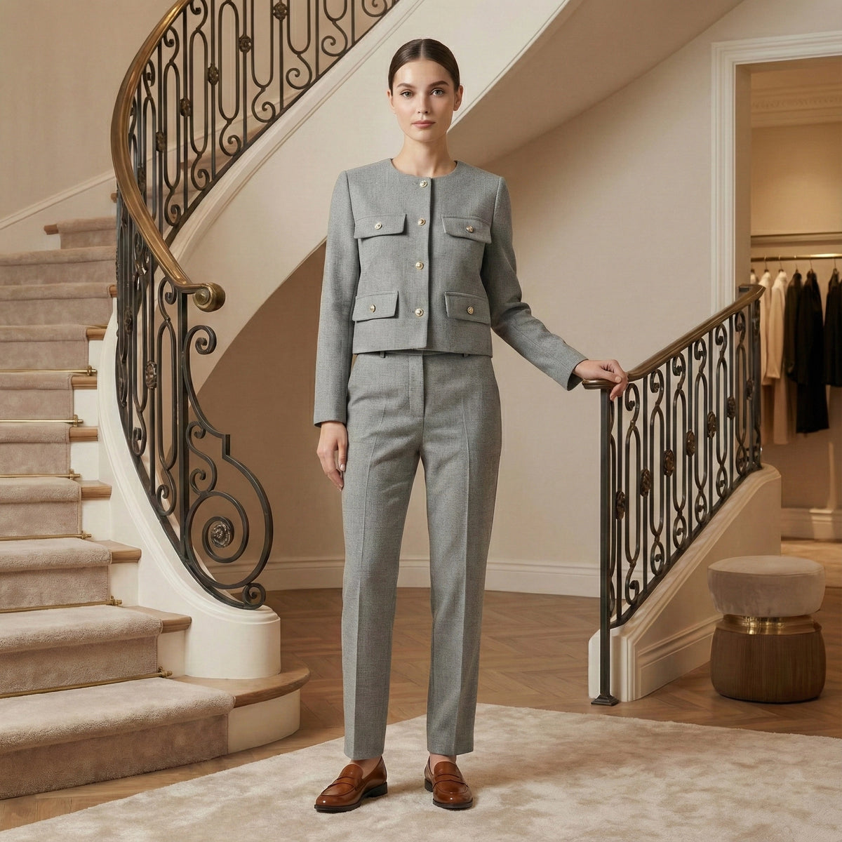 Woman in a gray suit standing in a stylish interior setting with a staircase.