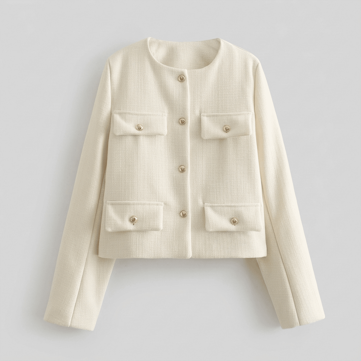 White jacket with gold buttons on a light gray background