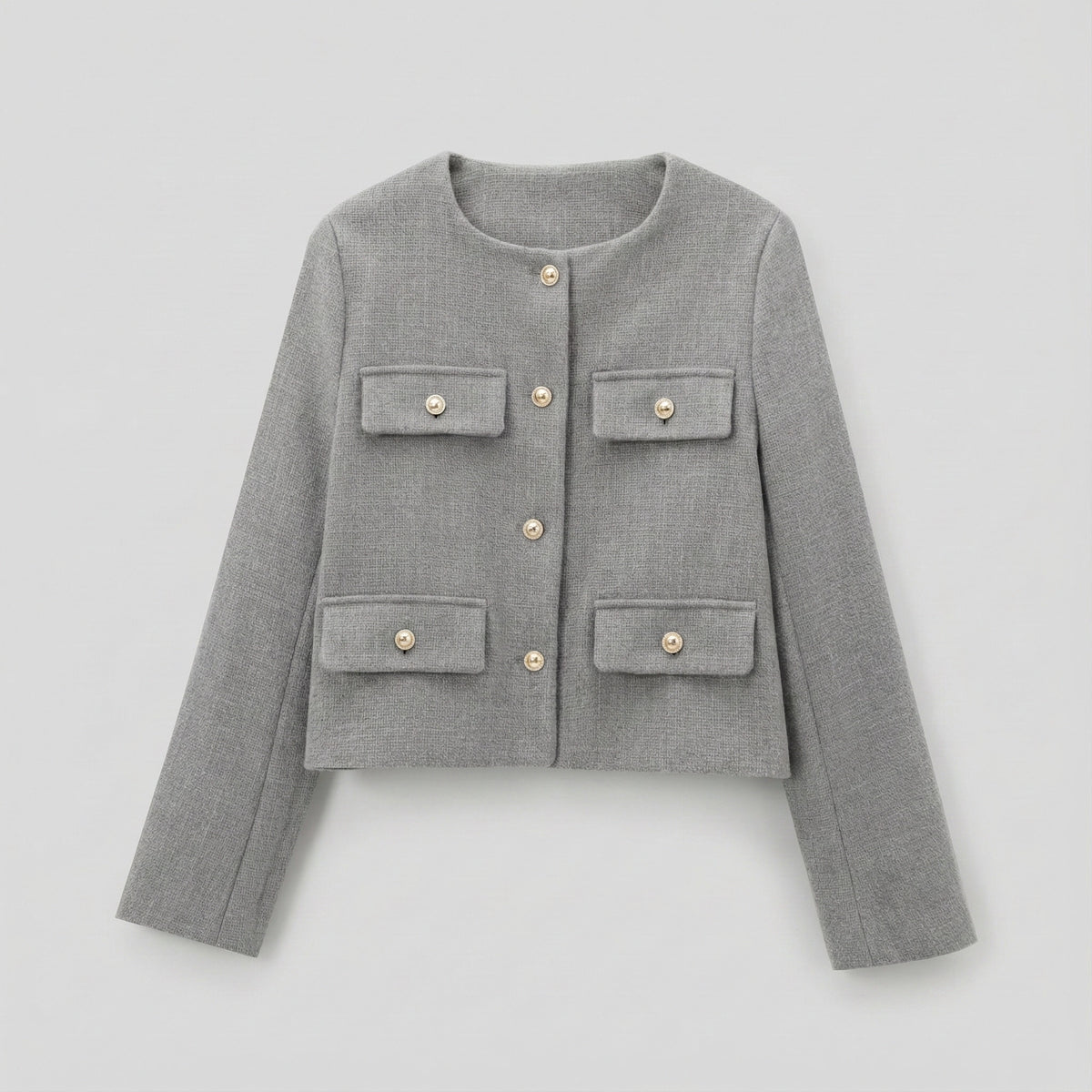 Gray jacket with button details on a light gray background