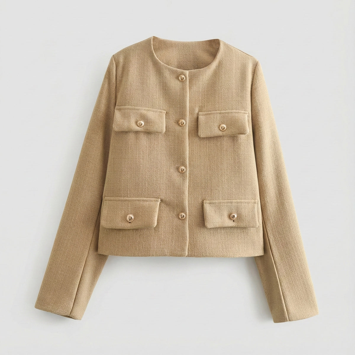 Beige jacket with button details on a light gray background