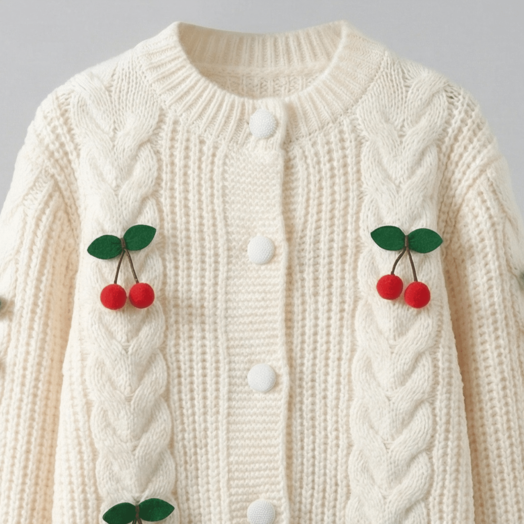 White knitted cardigan with cherry decorations on a gray background