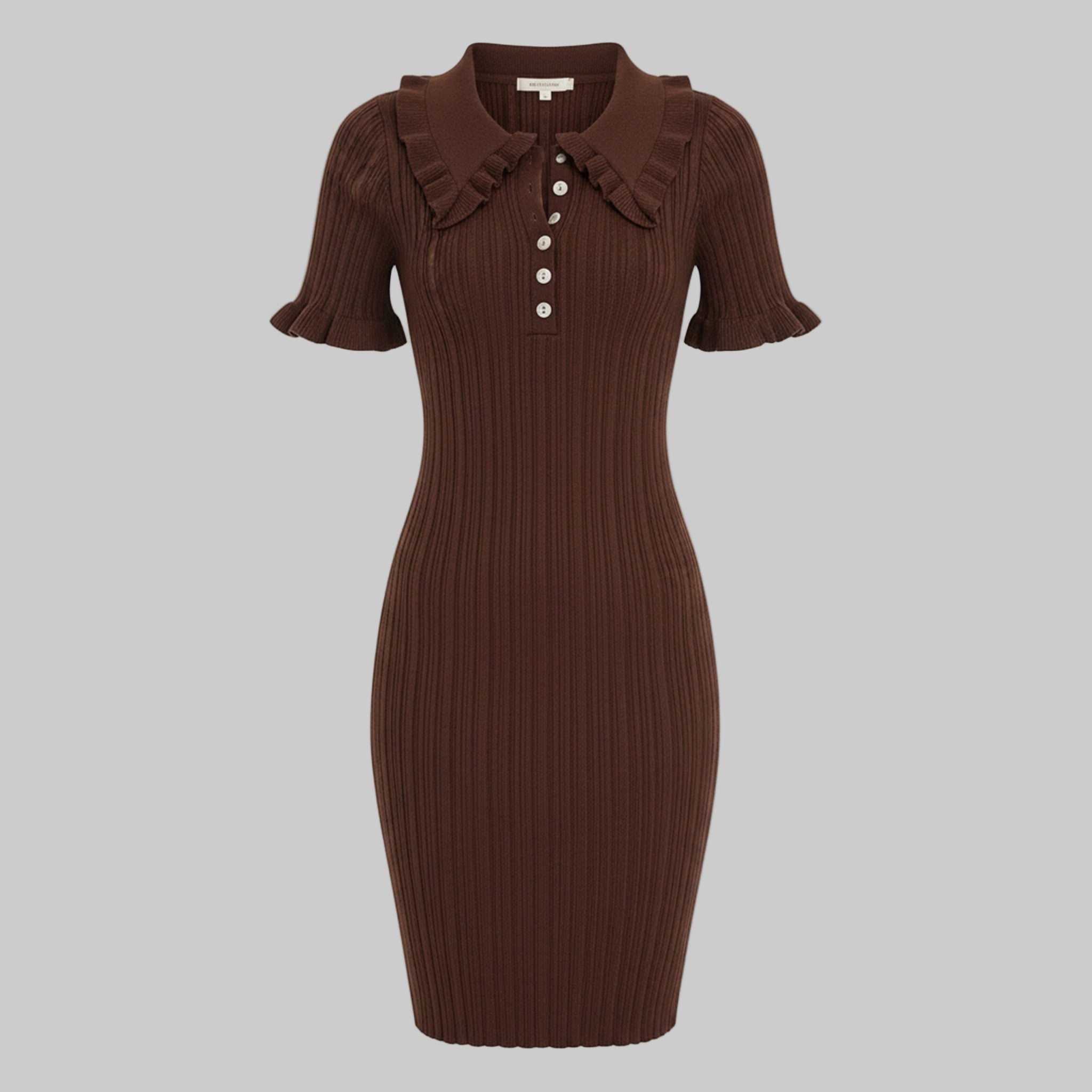 Brown ribbed dress with a collar on a white background