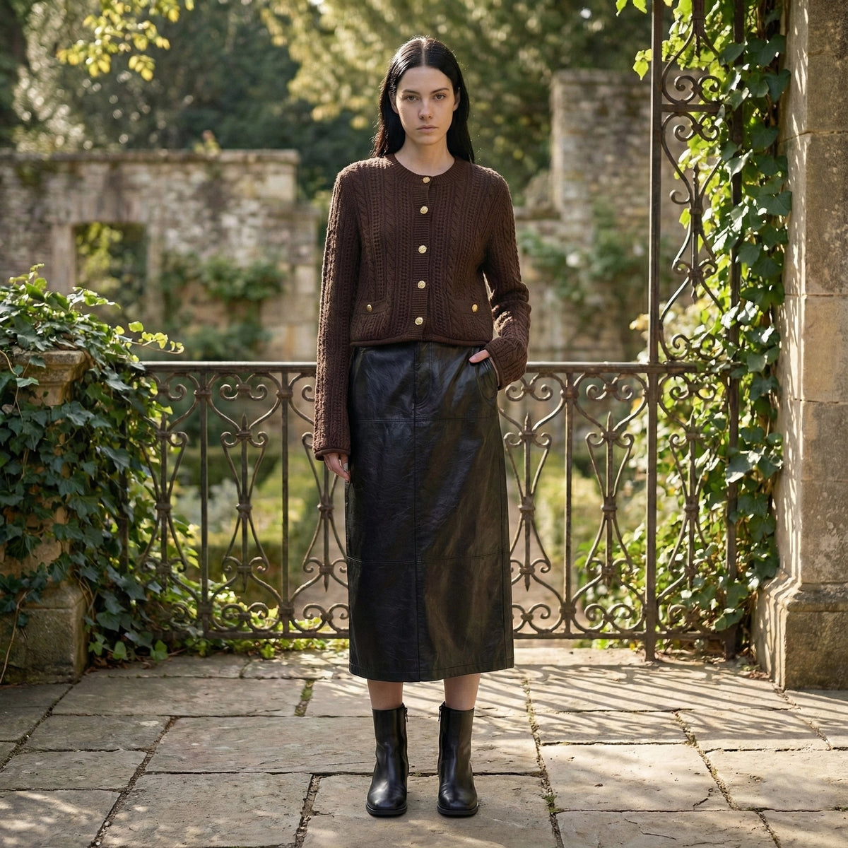 Woman in a brown cardigan and black skirt standing in an outdoor setting with stone walls and iron gates.