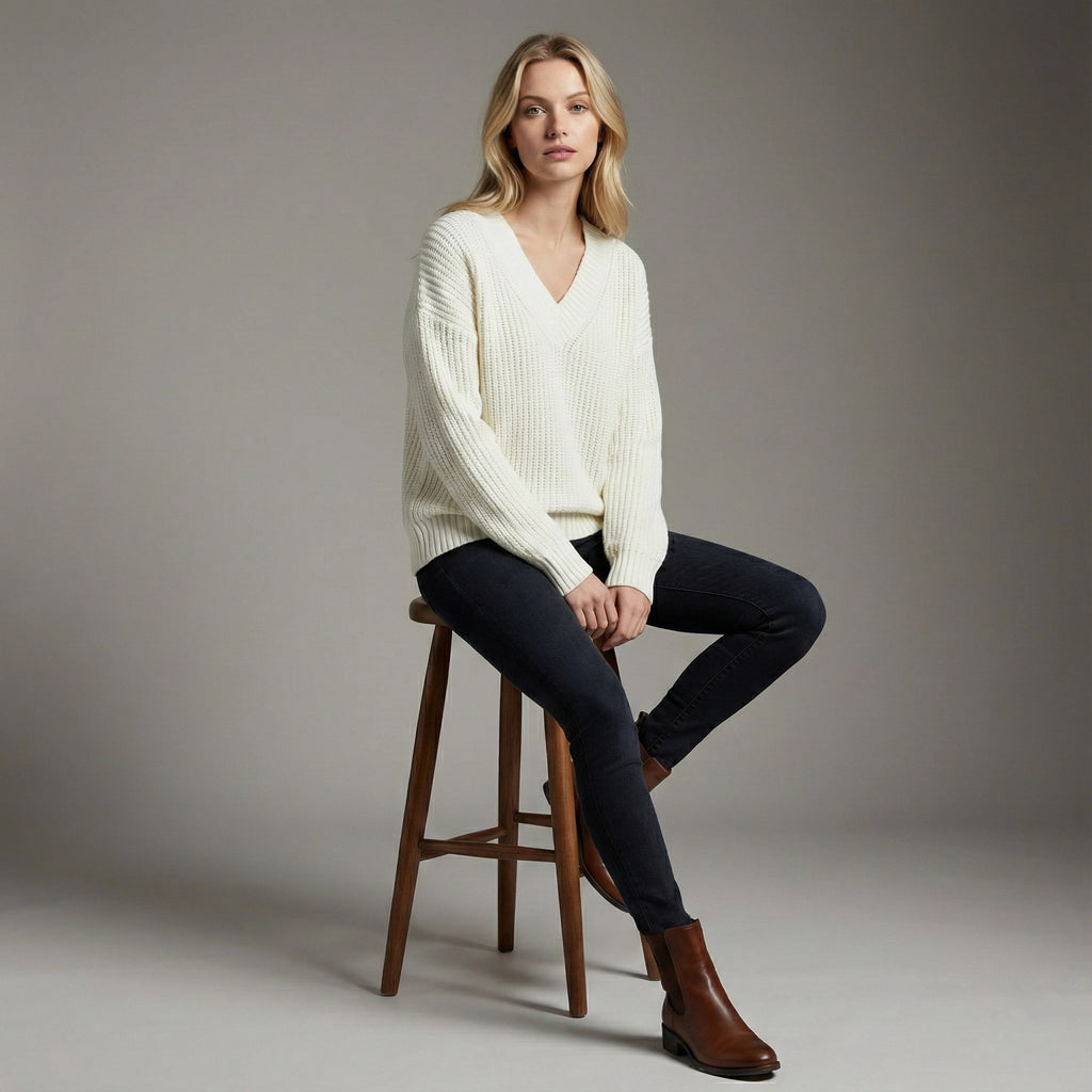 Woman sitting on a wooden stool wearing a white sweater and dark pants against a gray background
