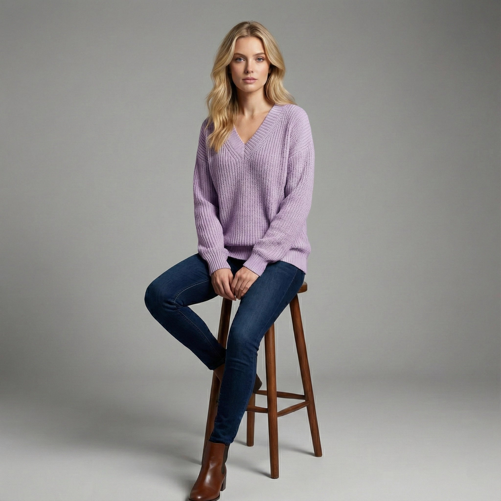 Woman sitting on a wooden stool wearing a purple sweater and blue jeans against a gray background