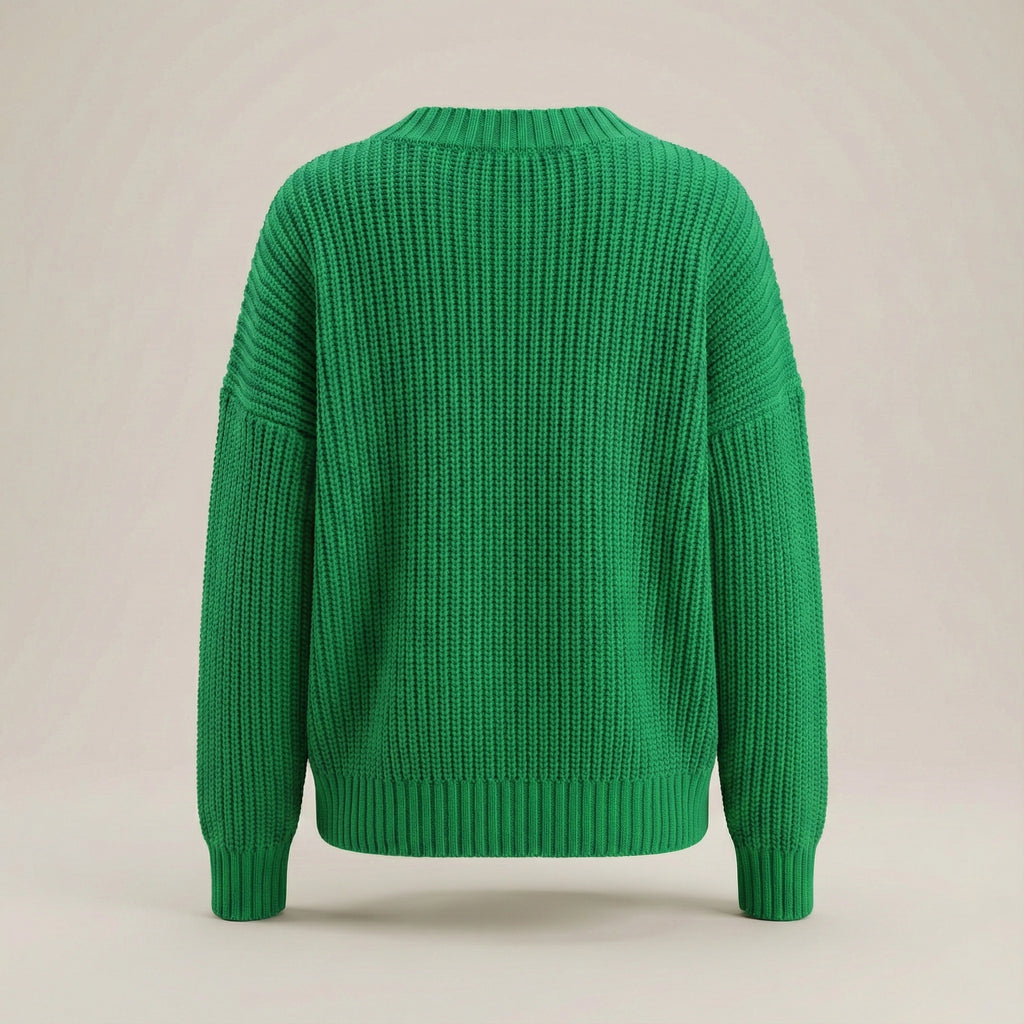 Green knitted sweater on a beige background