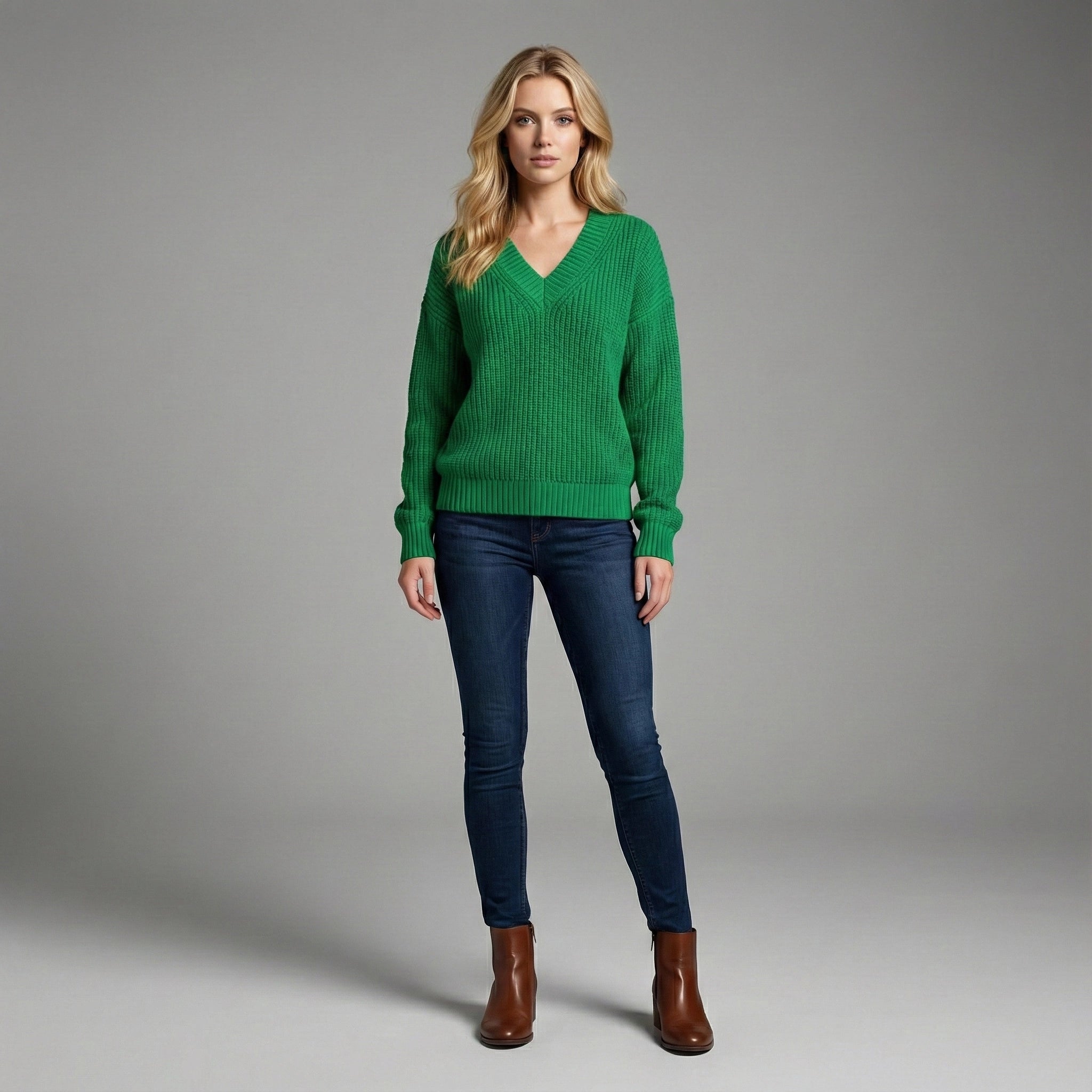 Woman wearing a green sweater, blue jeans, and brown boots on a gray background
