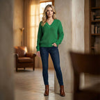 Woman wearing a green sweater and blue jeans standing in a room with wooden floor and bookshelf.