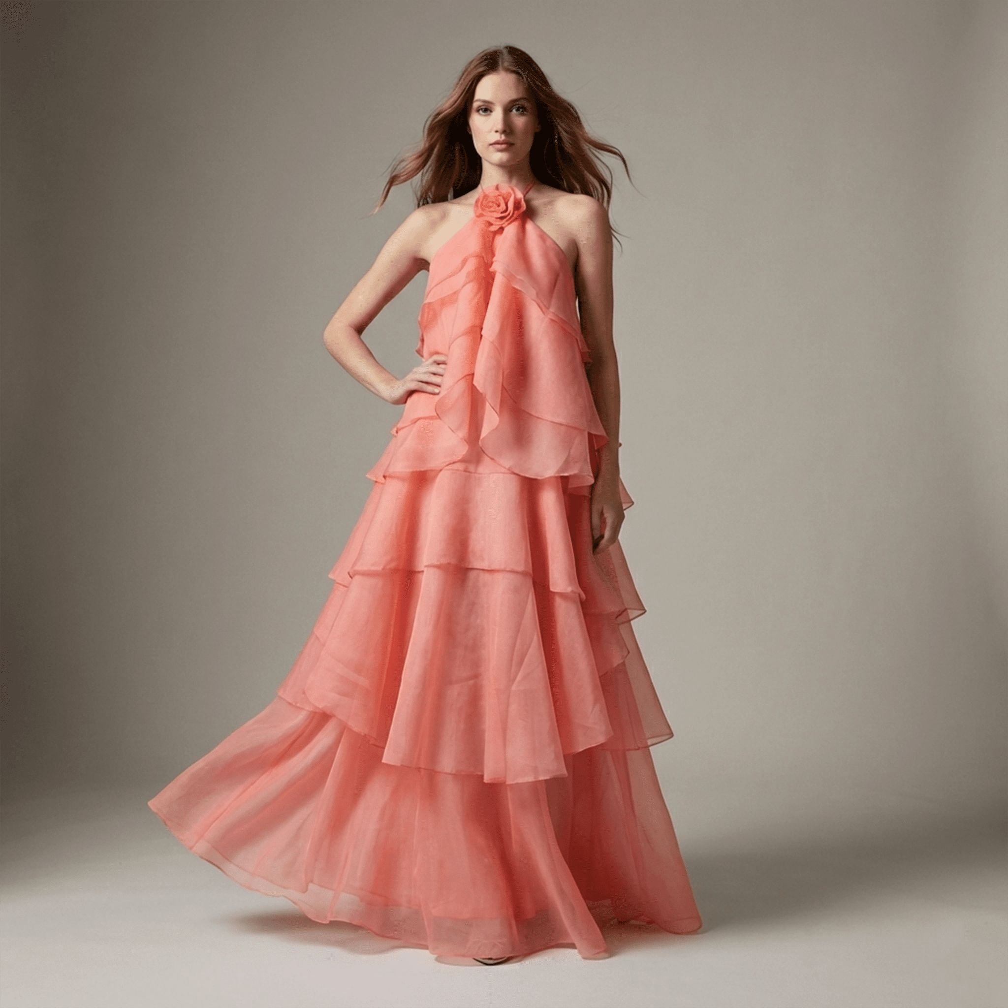 Woman wearing a coral tiered dress against a neutral background