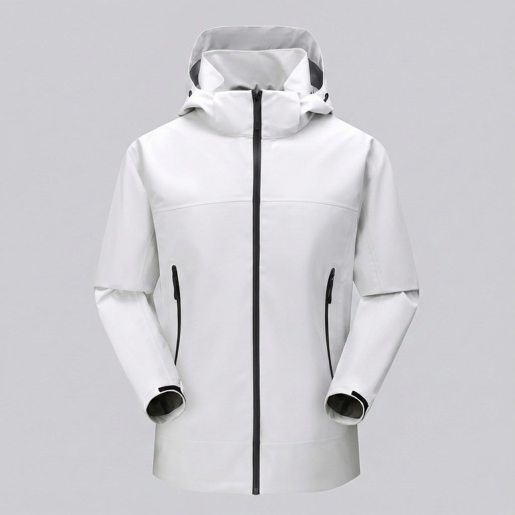 White hooded jacket with black zippers on a gray background