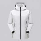 White hooded jacket with black zippers on a gray background