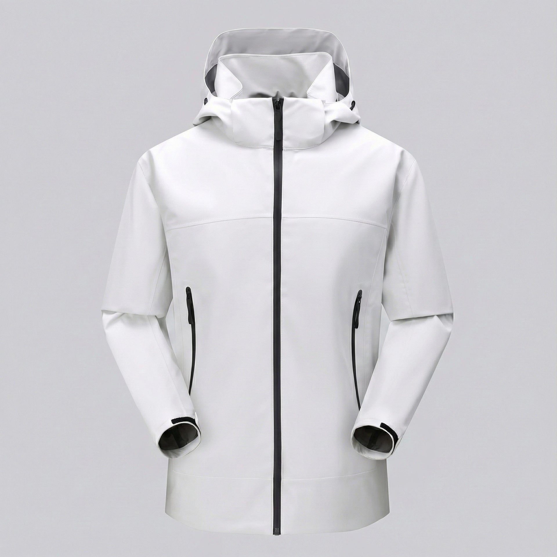 White hooded jacket with black zippers on a gray background
