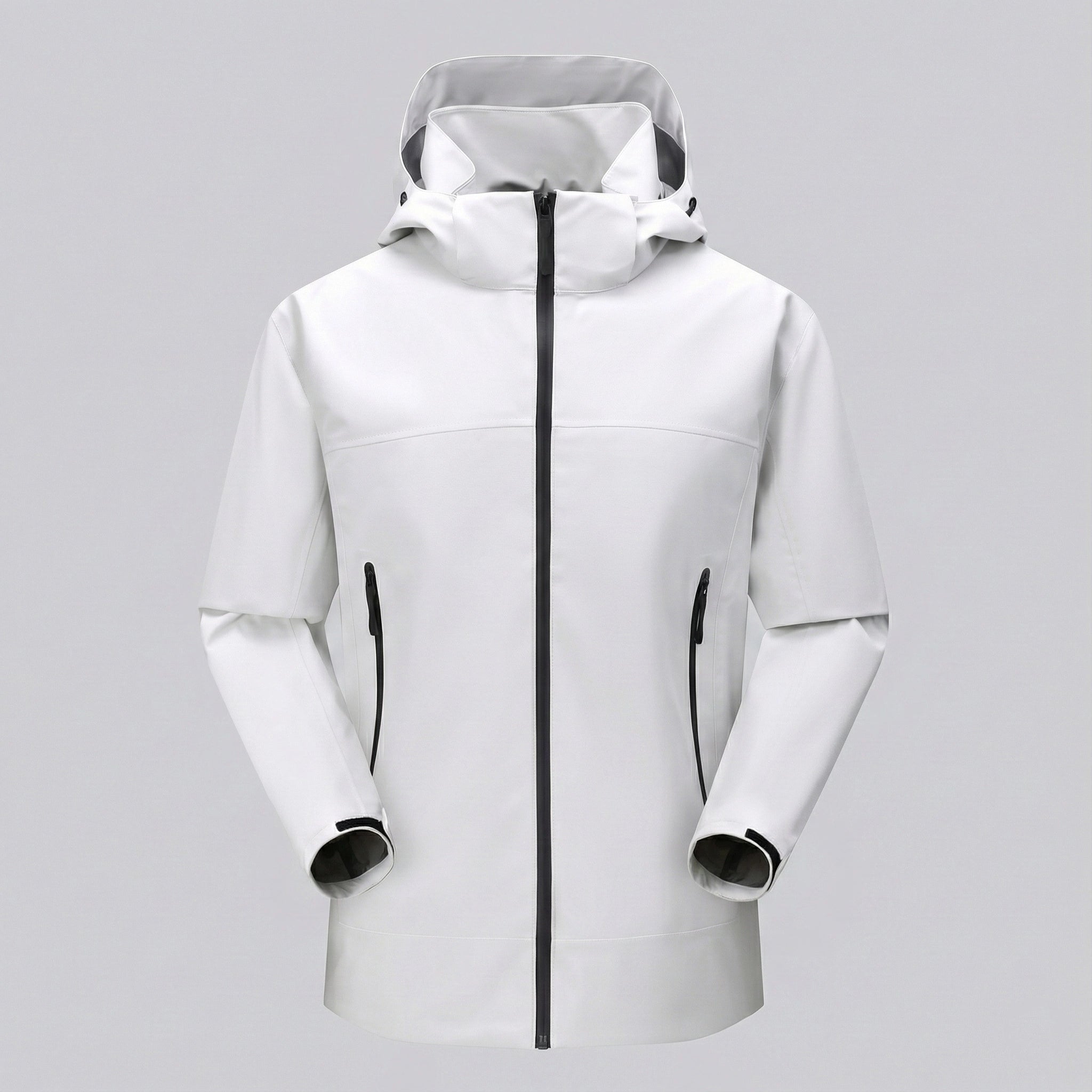 White hooded jacket with black zippers on a gray background