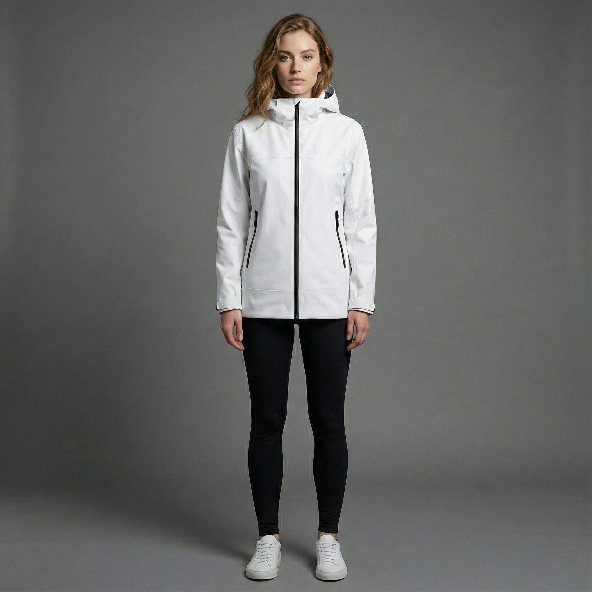 Woman wearing a white jacket on a gray background