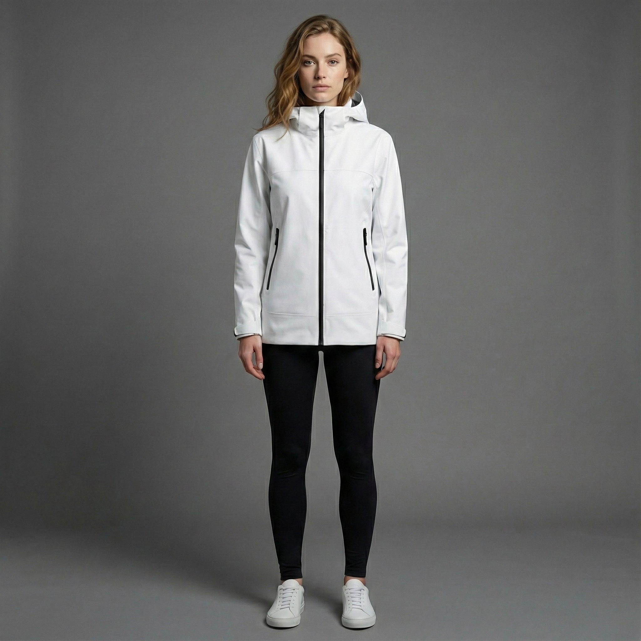 Woman wearing a white jacket on a gray background