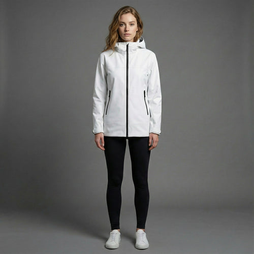 Woman wearing a white jacket on a gray background