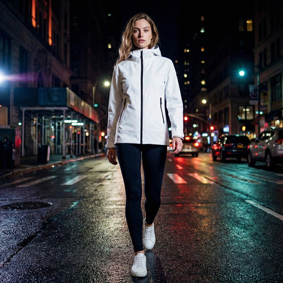 Woman in a white jacket walking on a city street at night.
