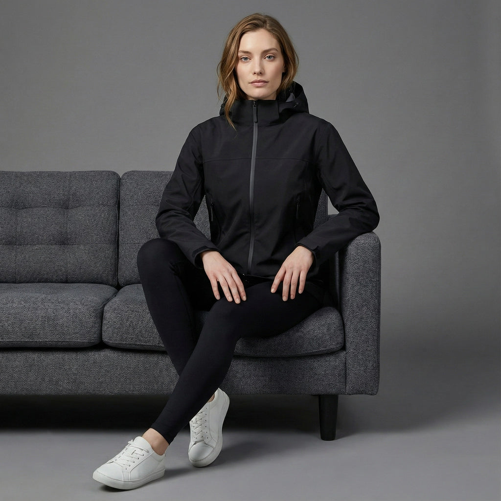 Woman sitting on a gray couch wearing a black jacket and leggings with white sneakers against a gray background