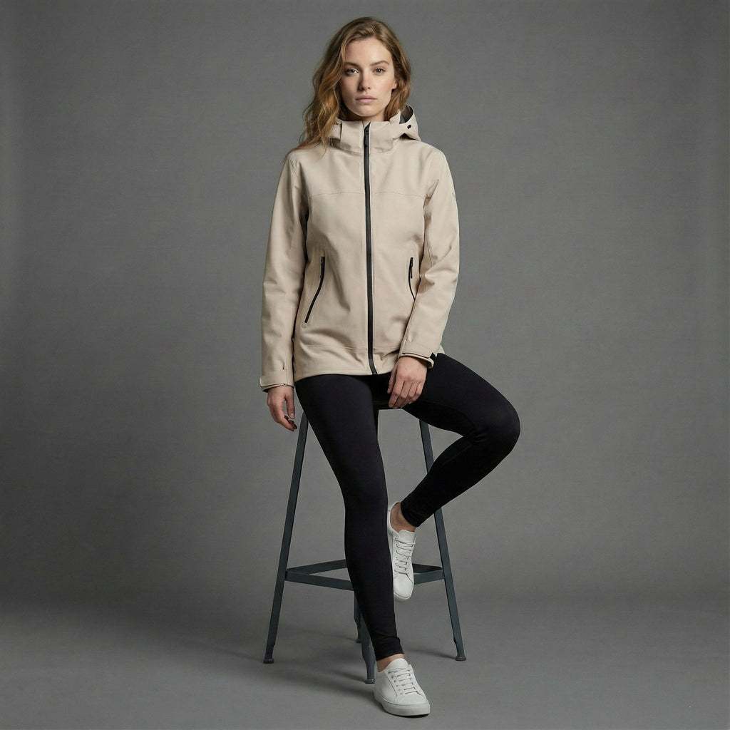 Woman wearing a beige jacket sitting on a stool against a gray background