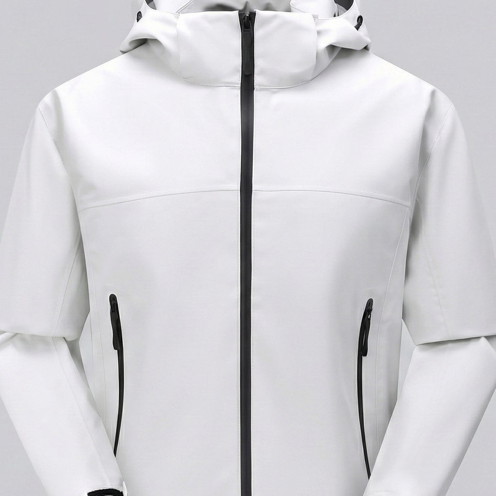 White jacket with black zippers on a light gray background