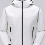 White jacket with black zippers on a light gray background