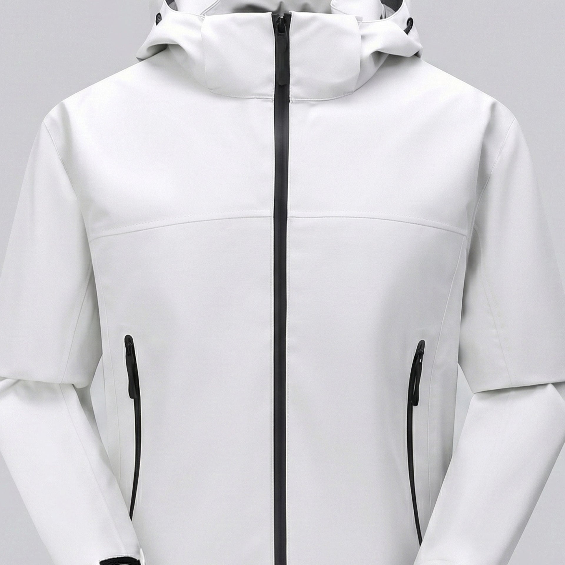 White jacket with black zippers on a light gray background