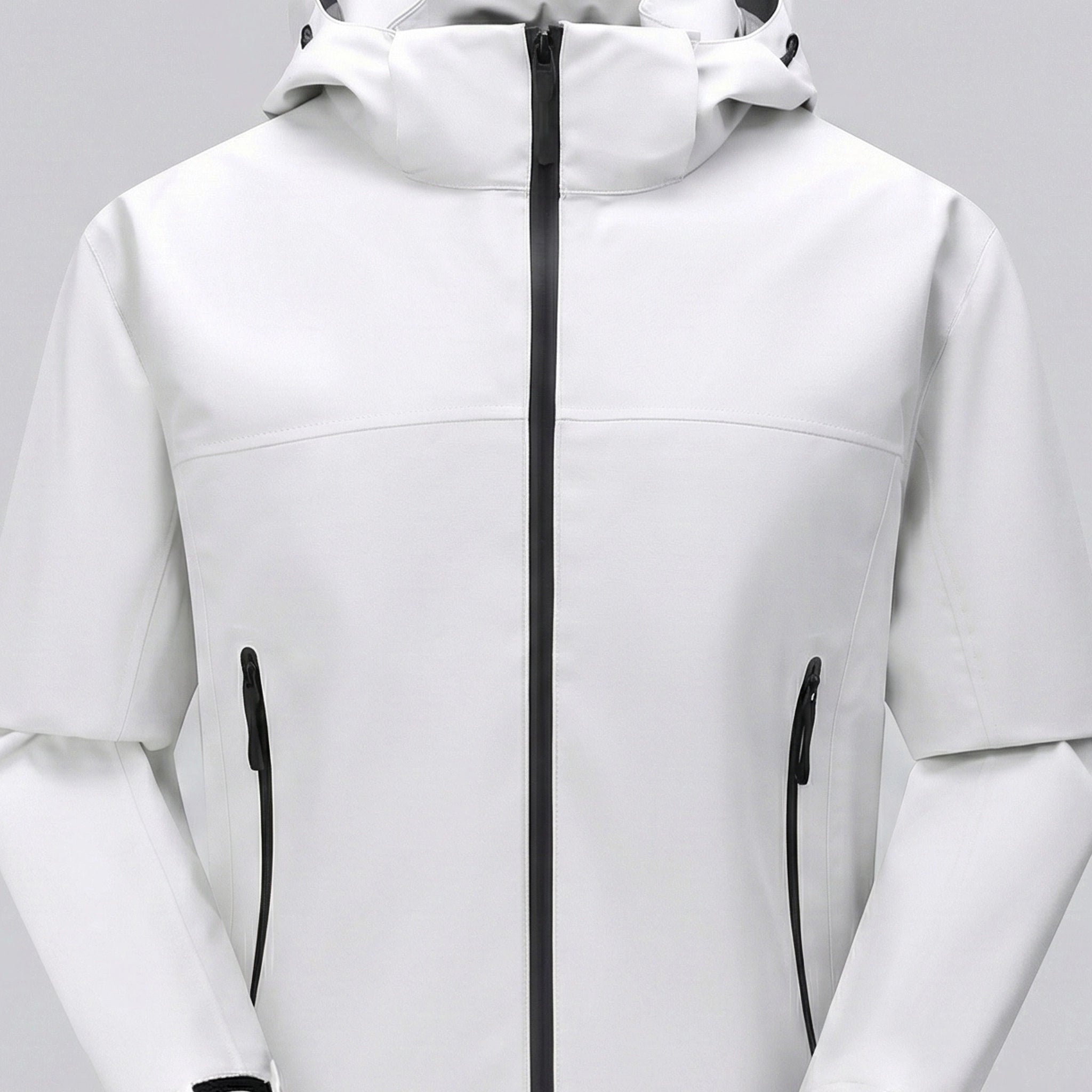 White jacket with black zippers on a light gray background