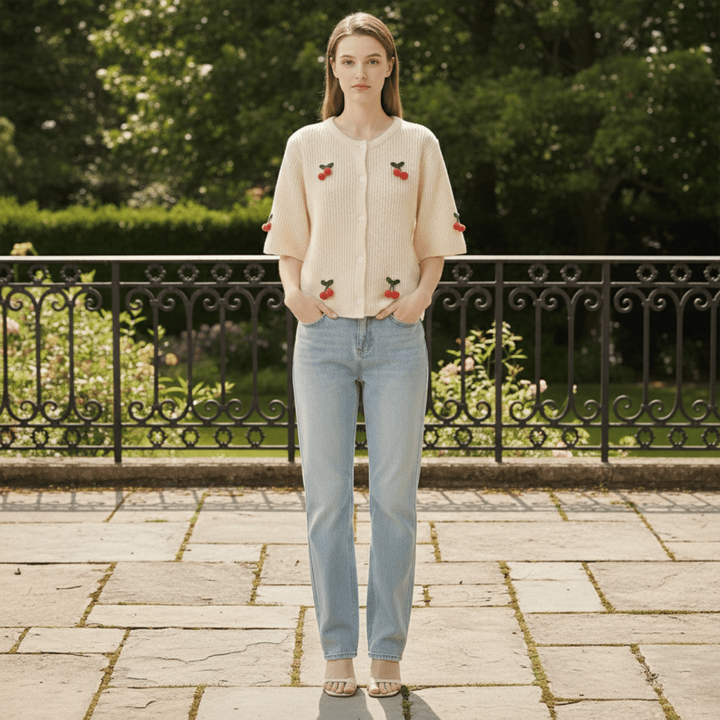 Woman wearing a beige cardigan with red accents and light blue jeans standing on a stone patio.